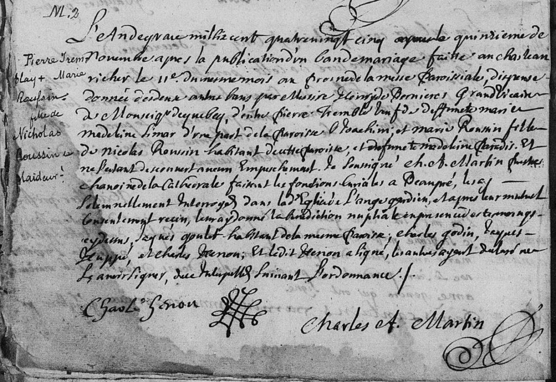 1685 Marriage for Pierre Tremblay et Marie Roussin