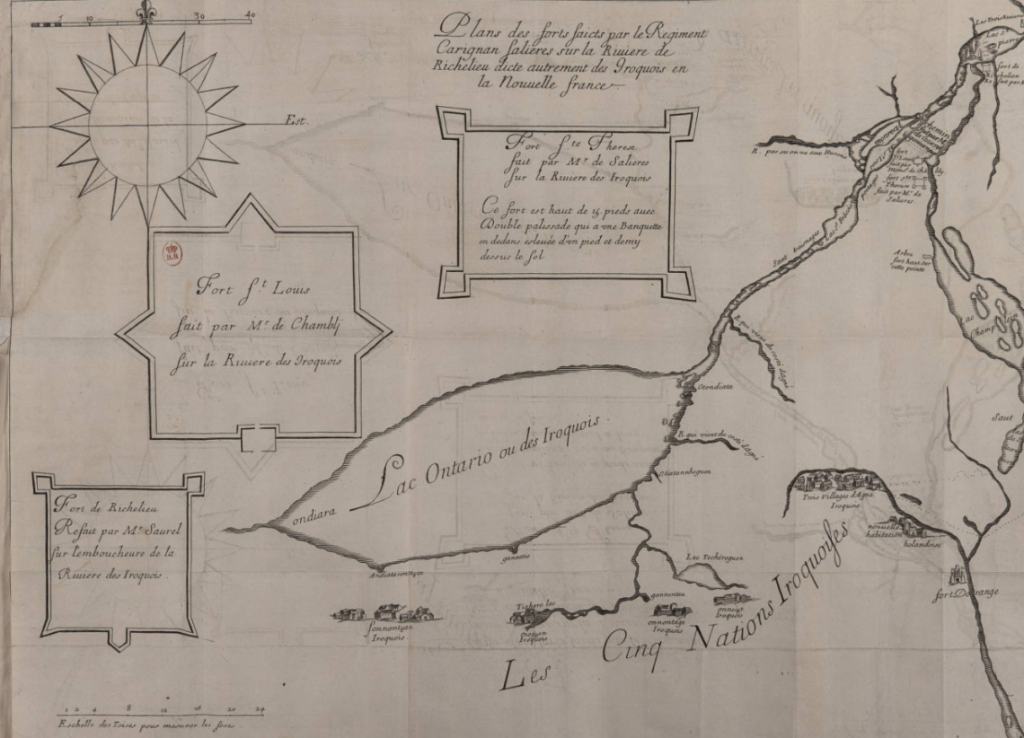 Plans des forts faicts par le Regiment Carignan salieres sur la Riviere de Richelieu dicte autrement des Iroquois en la Nouvelle france.