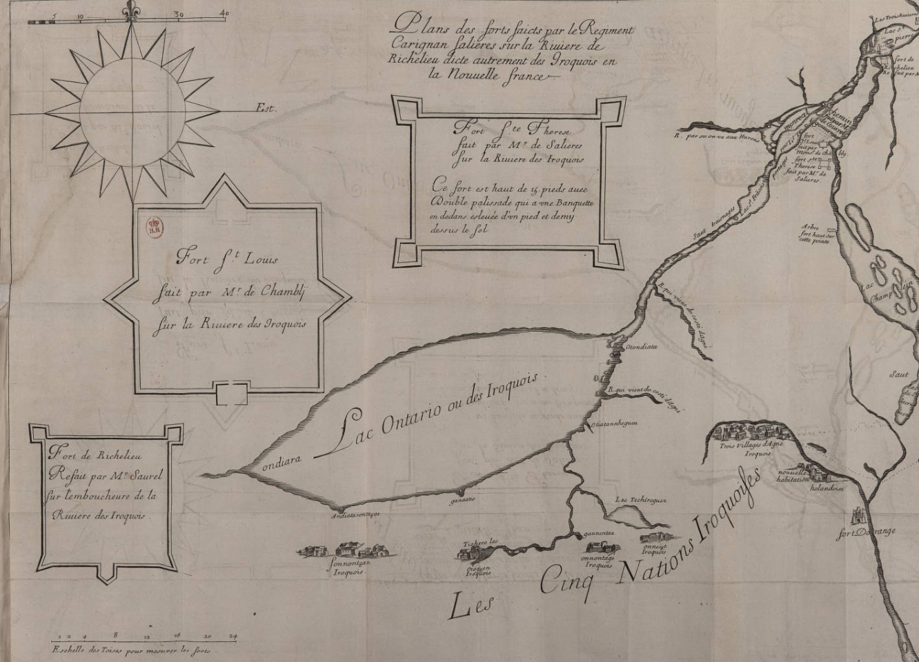 Plans des forts faicts par le Regiment Carignan salieres sur la Riviere de Richelieu dicte autrement des Iroquois en la Nouvelle france.