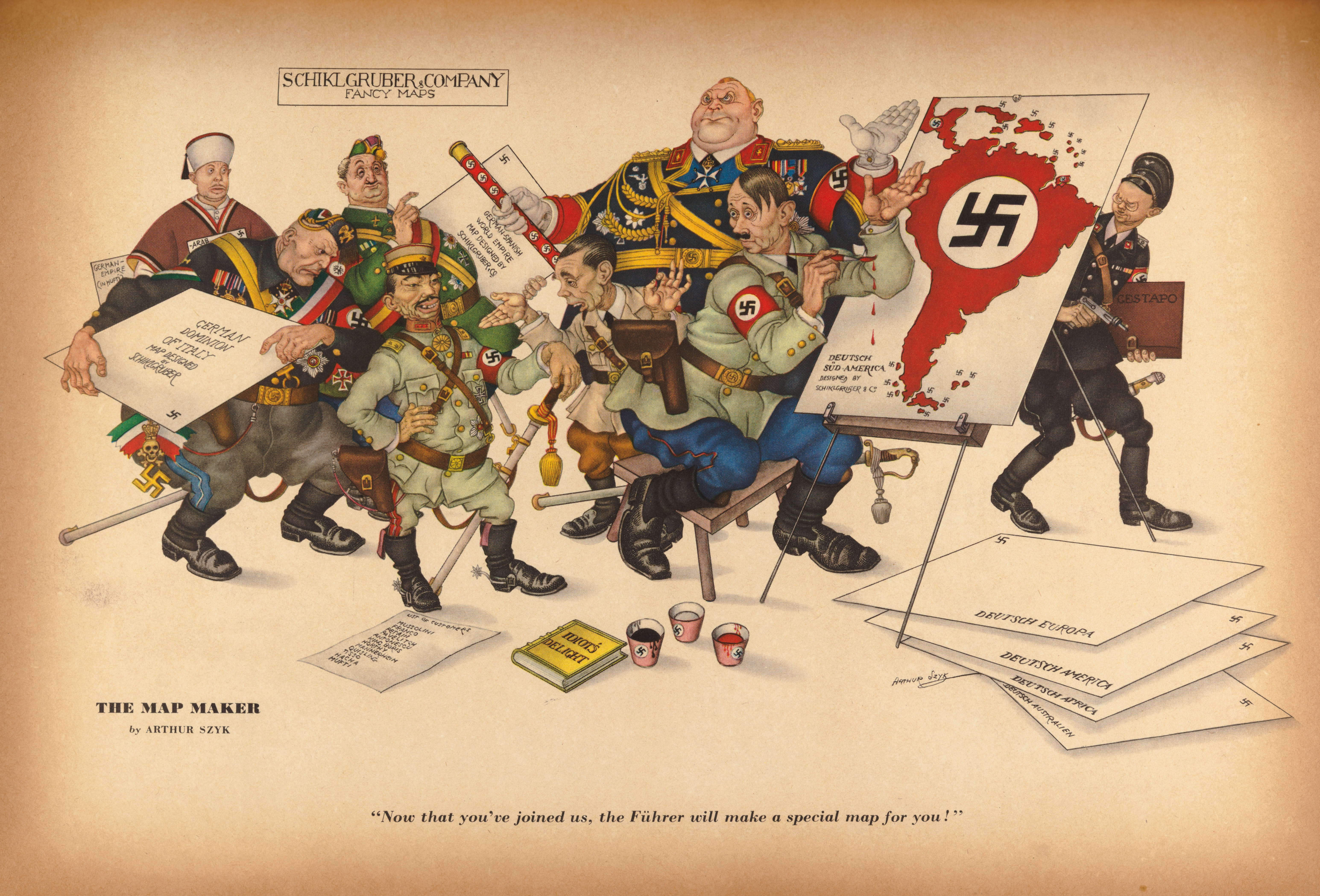 A satirical map attacking the Axis by the artist Arthur Szyk, published in Esquire Magazine in 1942