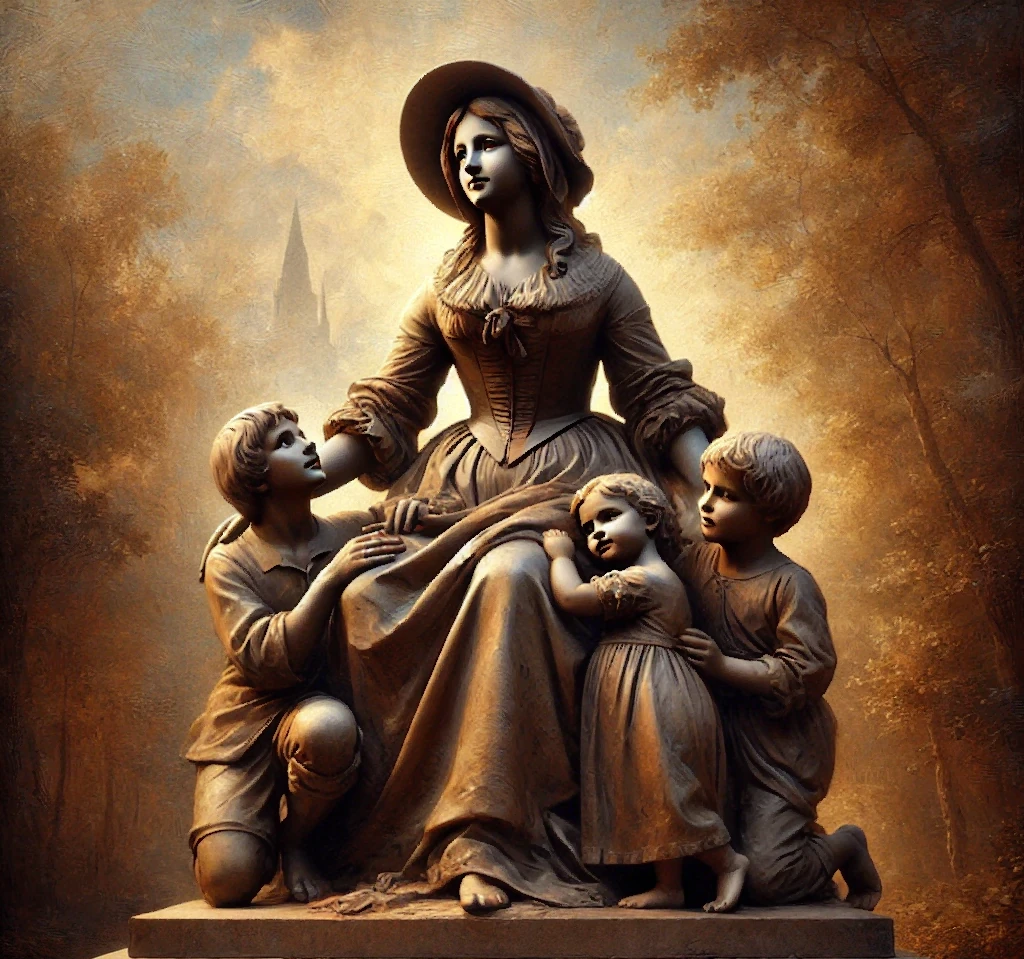 An oil painting in the style of an old master, depicting a statue of Marie Rollet with her children. The statue is located in Parc Montmorency, Quebec