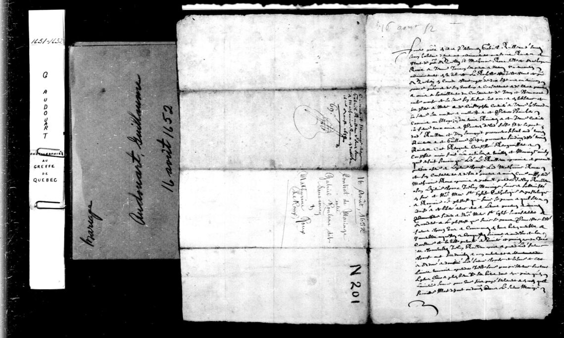 Contrat de mariage Gabriel Rouleau dit Sansoucy Mathurine Roux 1652