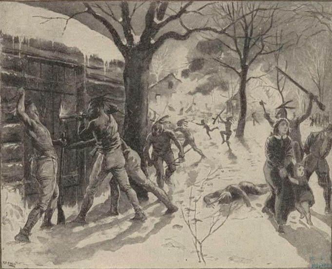 A depiction of the 1704 Raid on Deerfield, Massachusetts. Source=New York Public Library Digital Collection: http://digitalgallery.nypl.org/nypldigital/id?833786 Date=published 1900 Walter Henry Lippincott Image is in the public domain
