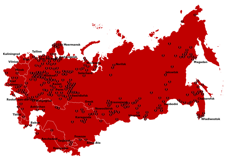 English: Location map of soviet Gulag system concentration camps  (Photo credit: Wikipedia)