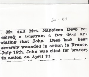 Plattsburgh Sentinel august 1918 John Deyo