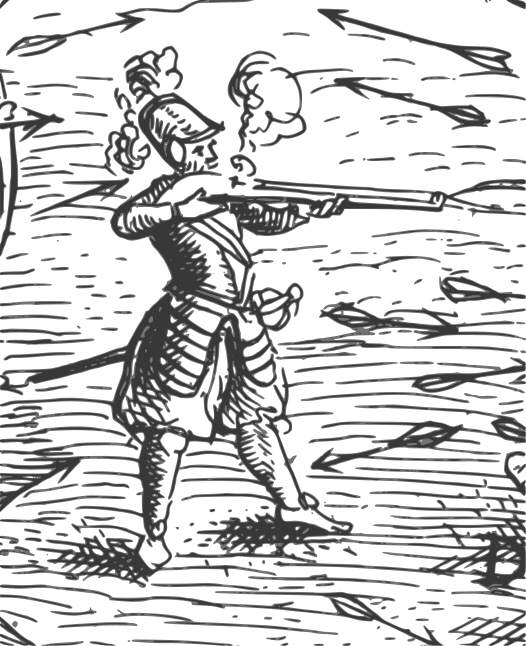 Samuel de Champlain with rifle 1613 This work is in the public domain in its country of origin and other countries and areas where the copyright term is the author's life plus 100 years or fewer.